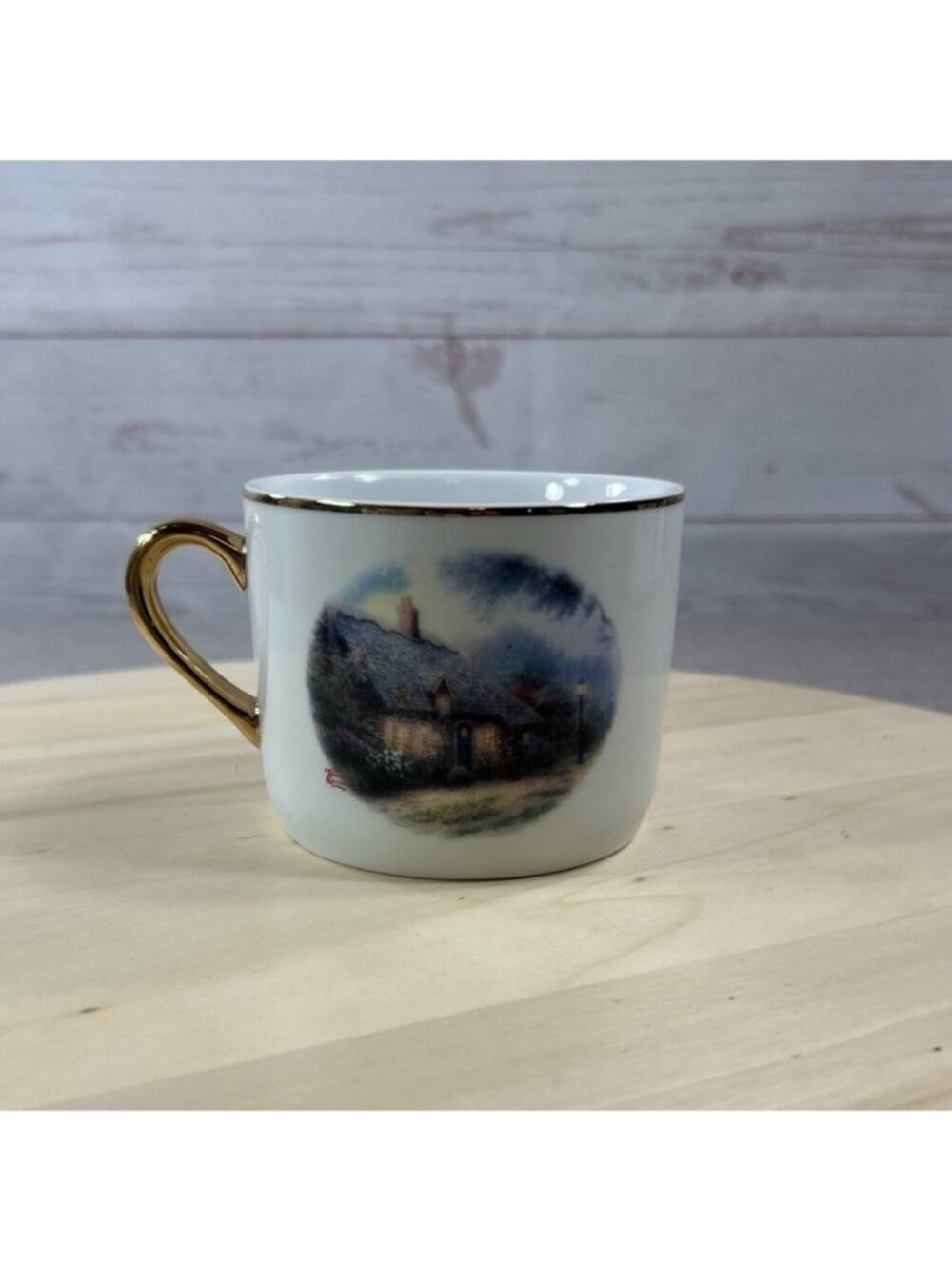 Thomas Kinkade Moonlight Cottage Coffee Mug Cup W/Gold Trim 3" D Telflora Gift - Picture 4 of 4